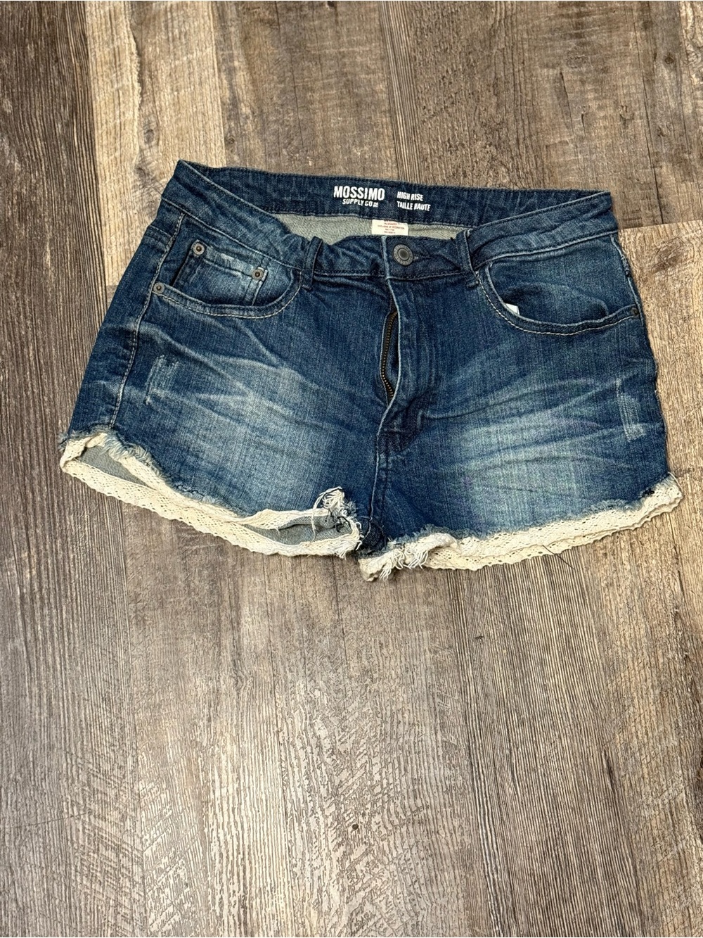 Mossimo Supply Co High Rise Denim Shorts Crochet Lace Trim Raw Hem Size 9